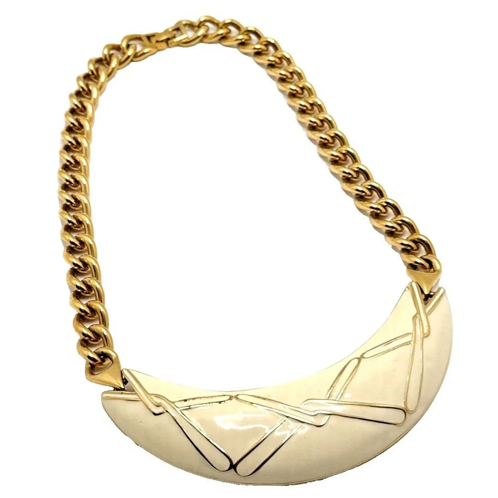 Vintage Monet Collar Necklace Gold Tone Cream Enamel Modernist Choker 16